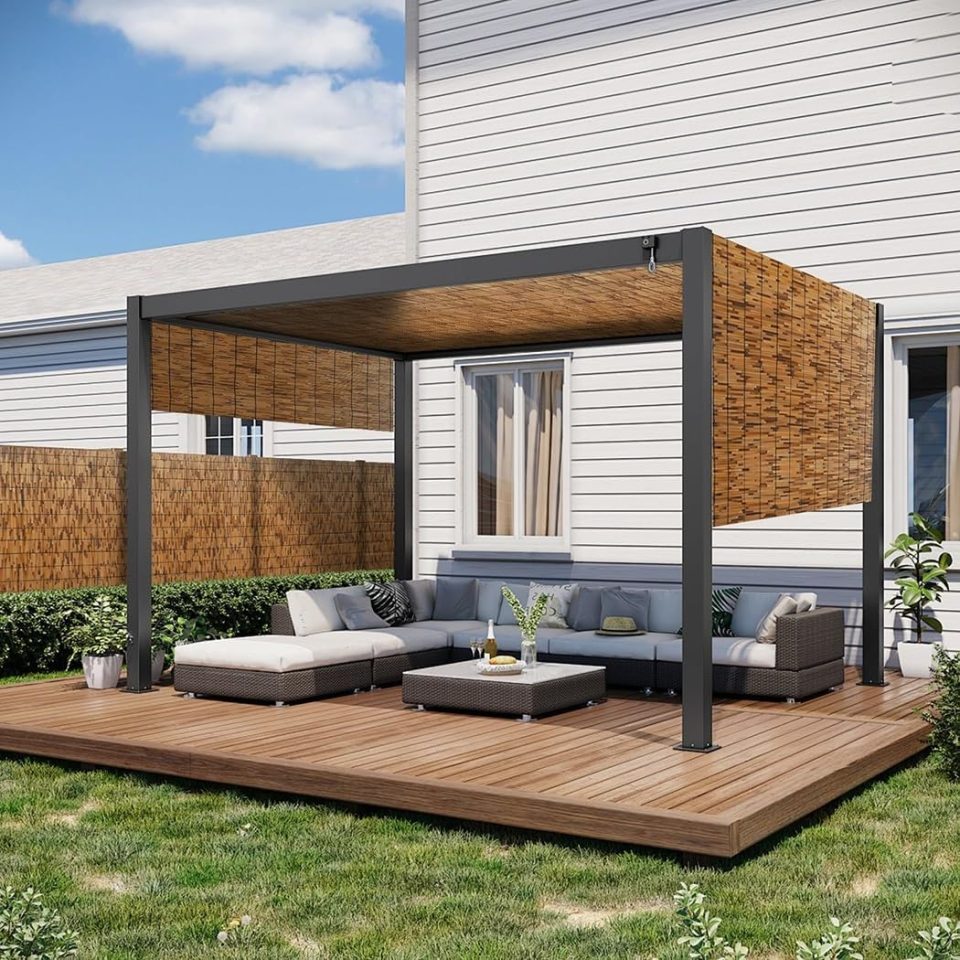Relaxing backyard terrace with bamboo data protection screen.