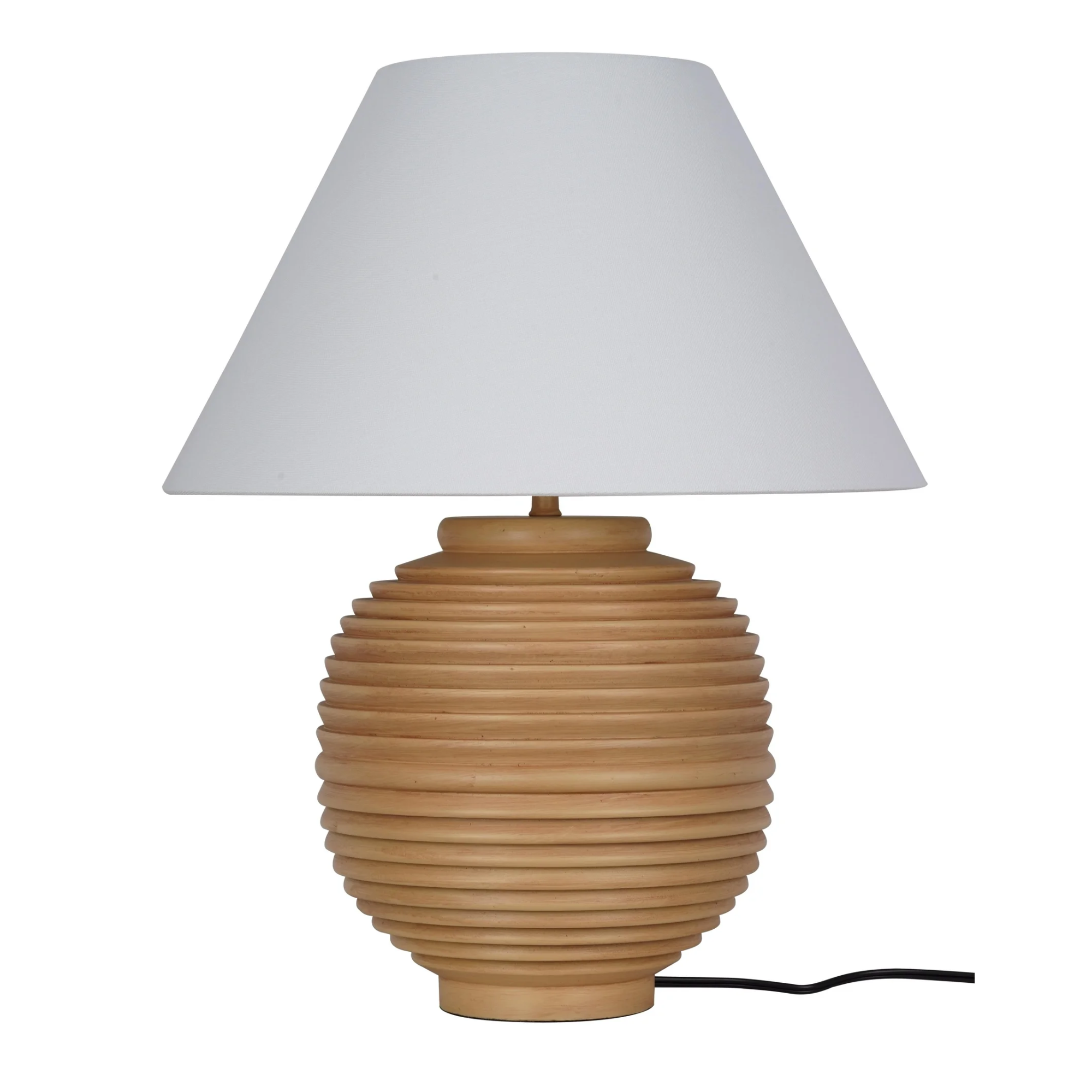 A table lamp with a grooved base and a white shadow