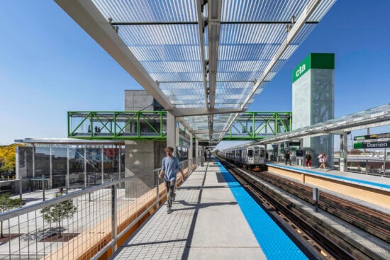 Green line station, glass overhang, green bridge