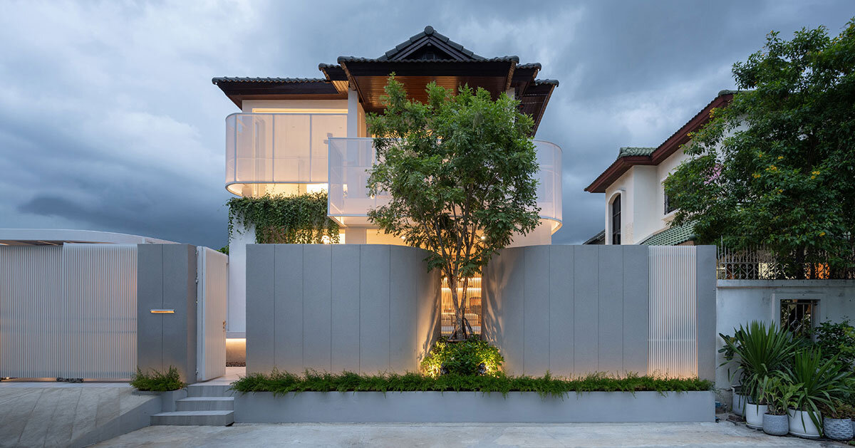 Correled textile facades wrap the reborn house in the village of Bangkok