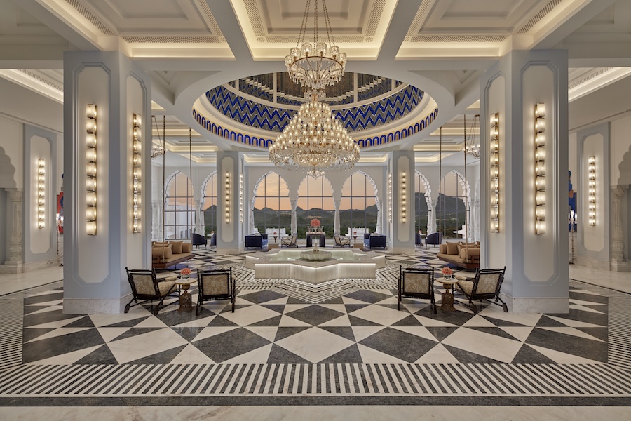Fairmont Udaipur Palace Lobby Chandlier Black White Geometric flooring