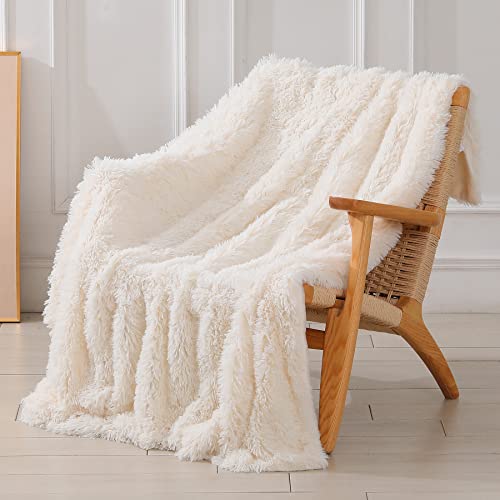 Tuddrom Decorative Extra soft fuzzy faux pelfwind blanket 50" X 60"Solid reversible long hair shaggy ceiling, fluffy, cozy plush comfortable microfiber -Fleece ceilings for couch sofa bedroom, cream white