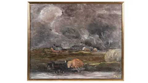 Anderson and garlands an oil painting in dark colors that represent heavy wintry sky that occupy more than half of the canvas and overshadow arable land at the bottom, with a horizontal road and a farm car at the foot of the image.