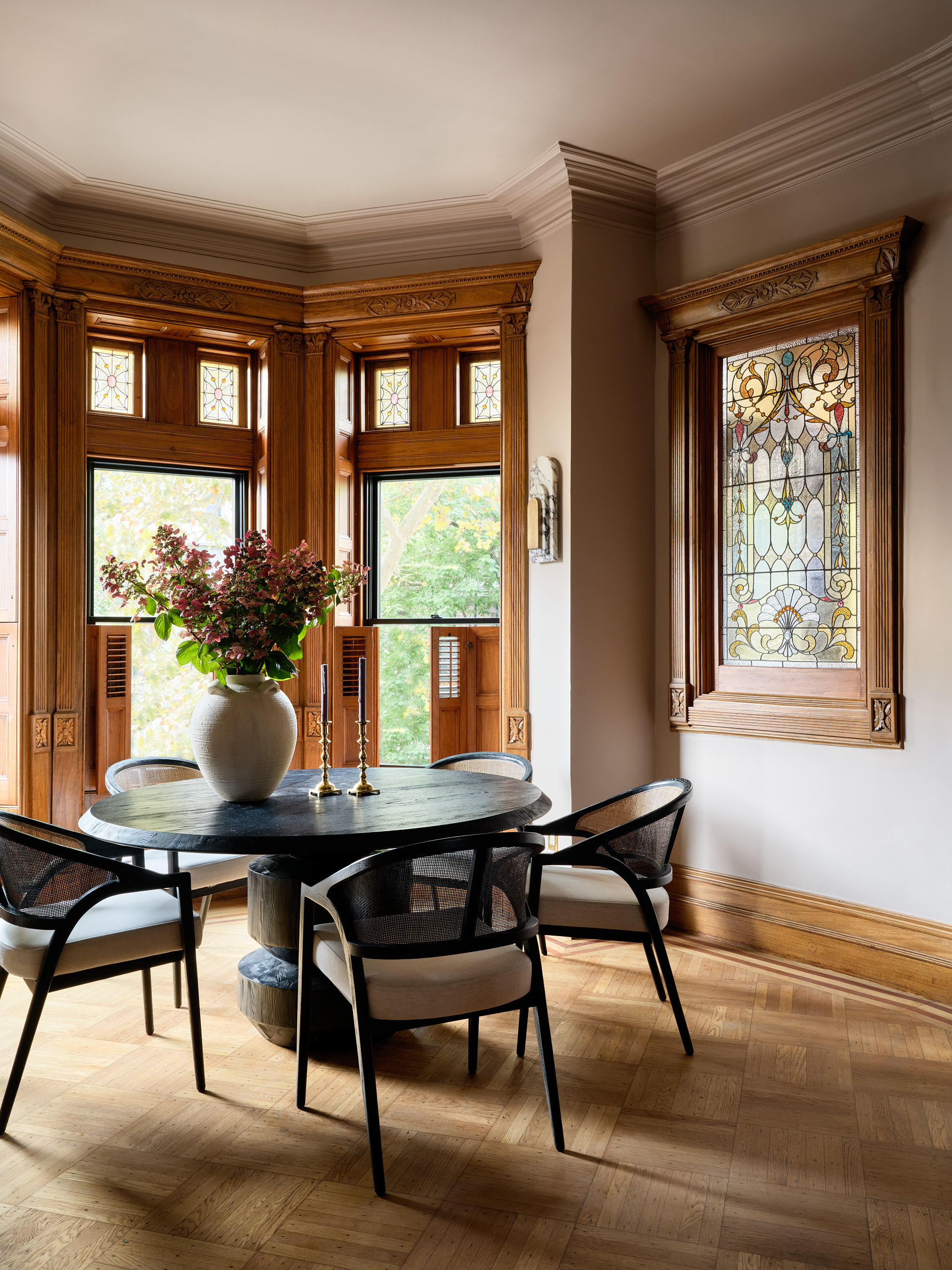 Tudor style dining room with furniture from the middle of the century