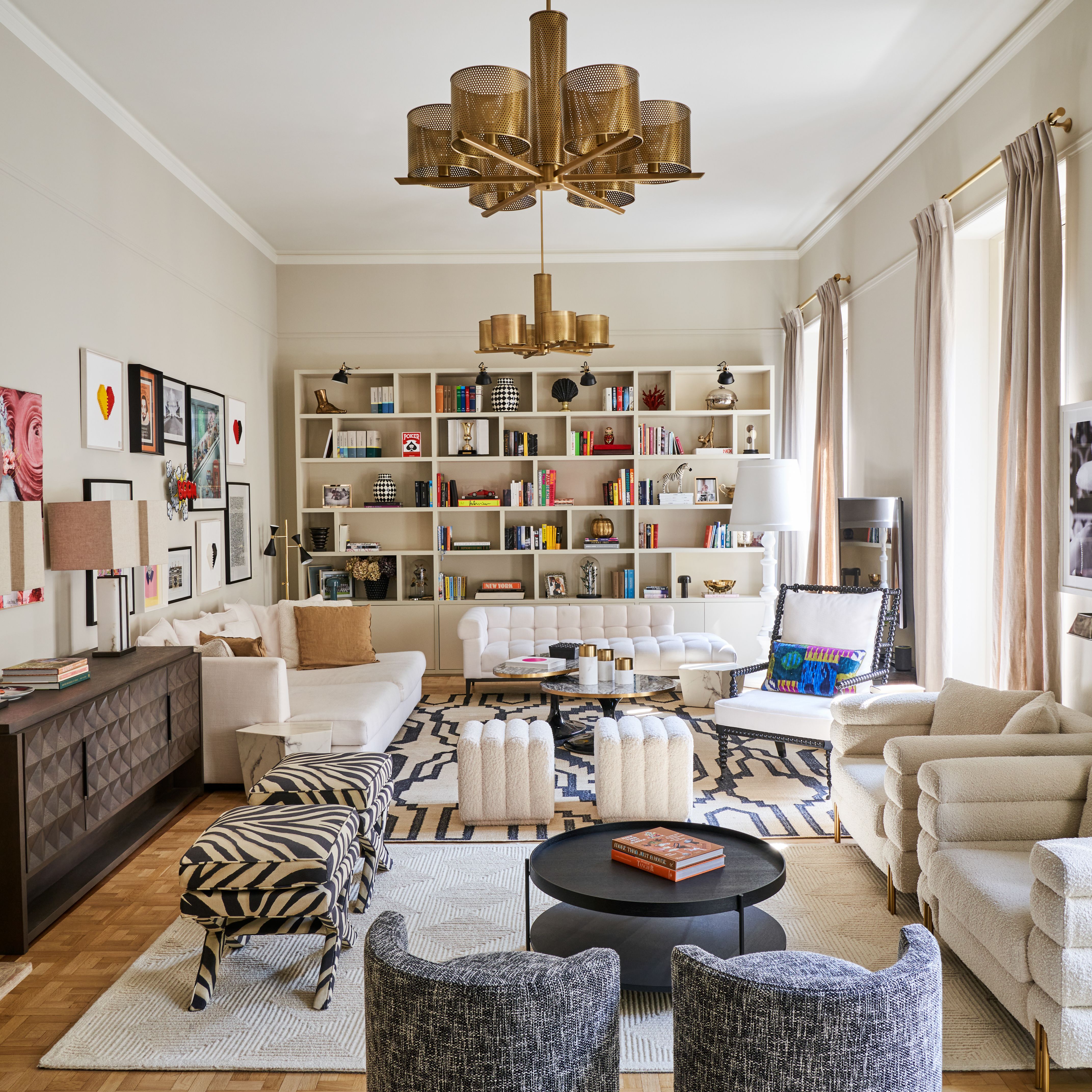 A monochromatic living room design with zebratruck accents