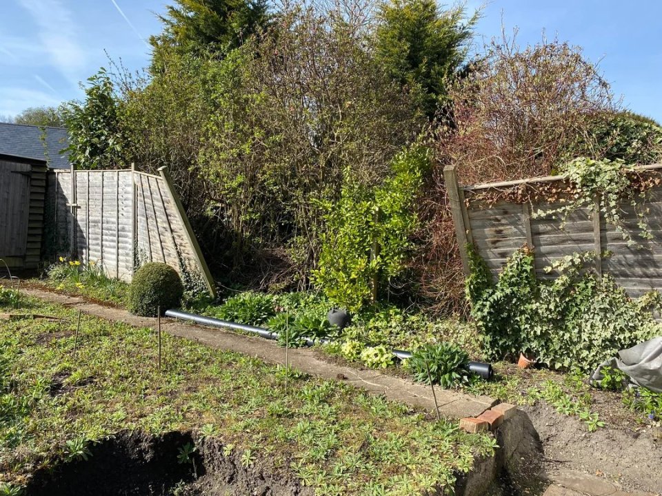 Across garden with damaged fences.