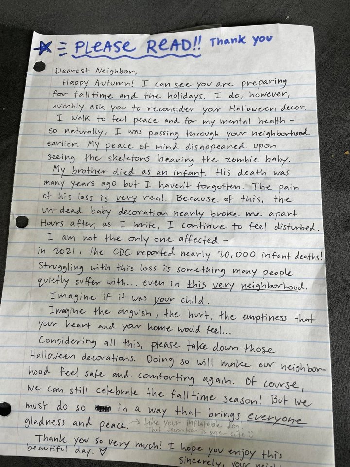 A handwritten letter from a neighbor who asks for Halloween decorations, citing personal trauma from the loss of infants and the worrying nature of A "Zombie baby" Decoration.