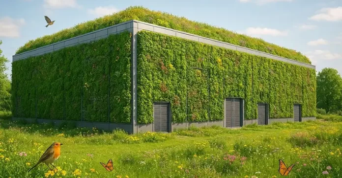 Data center covered in plants and flora