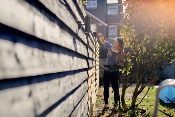 Young woman paints garden fence in the sun