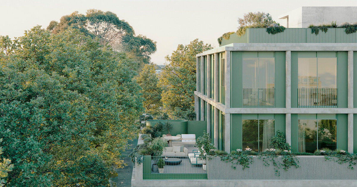 The monolithic apartment complex is contrasting with the green Fitzroy StreetScape in Melbourne