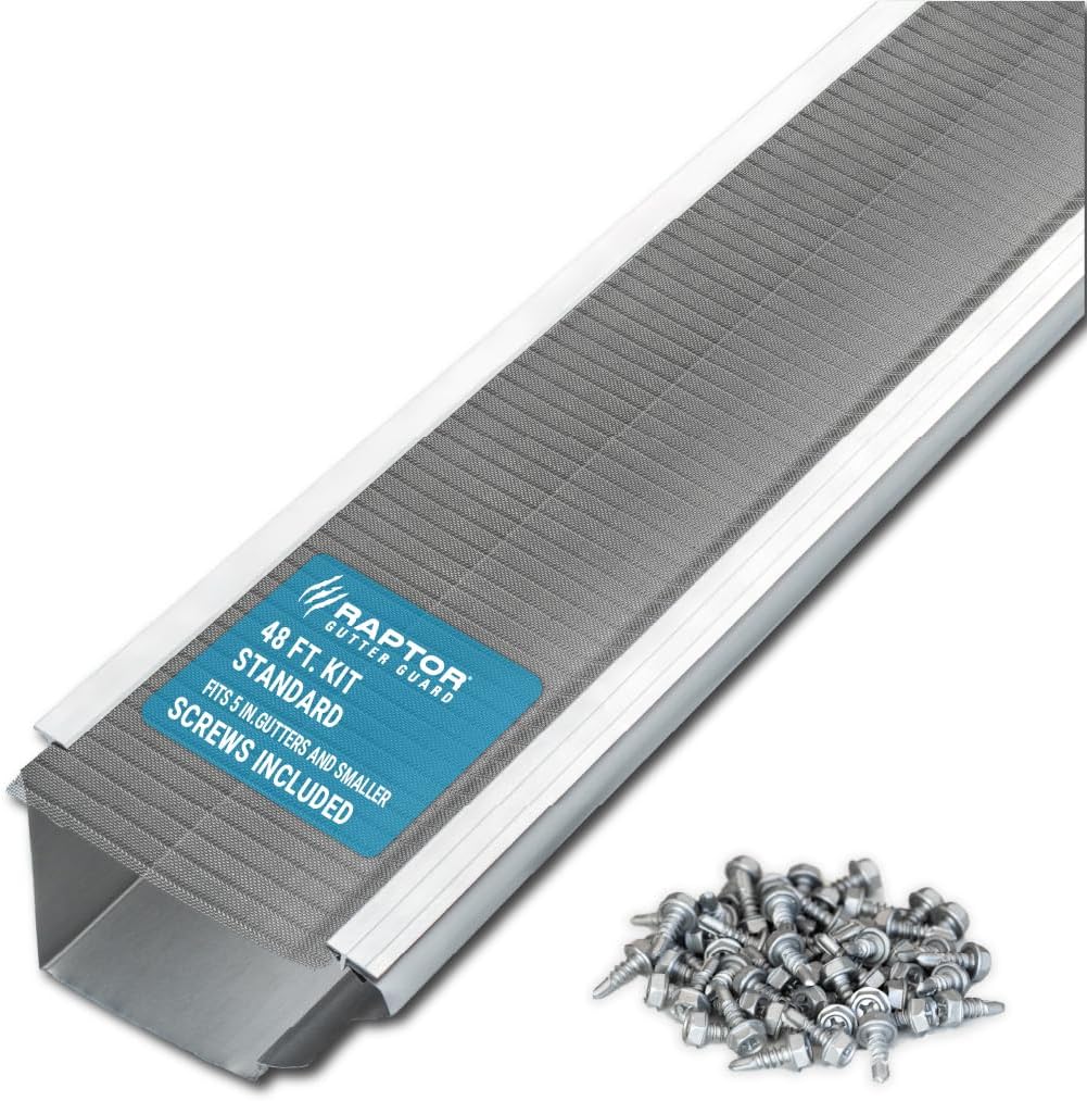 Raptor Gutter Guard – 48 feet. (nominal) Gutter Guard Kit made of construction grade stainless steel micro mesh gutter guard with screws included. Fits 5 inches. gutters and smaller ones. DIY friendly. (5.625 inches x 47.625 inches)