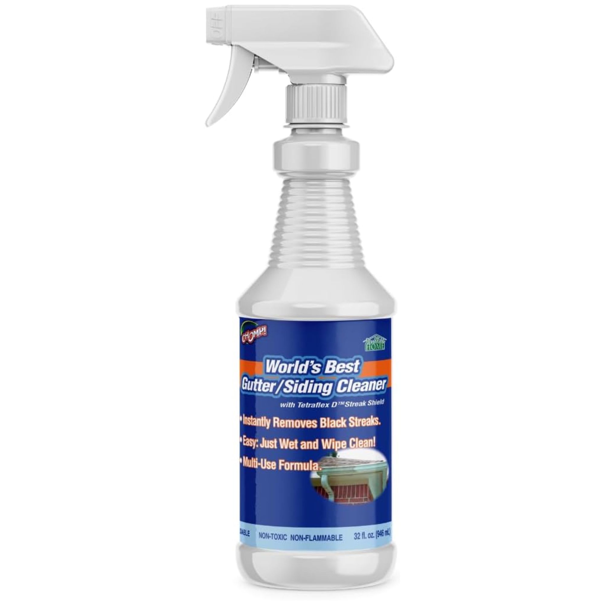 Gutter cleaner spray bottle with blue label