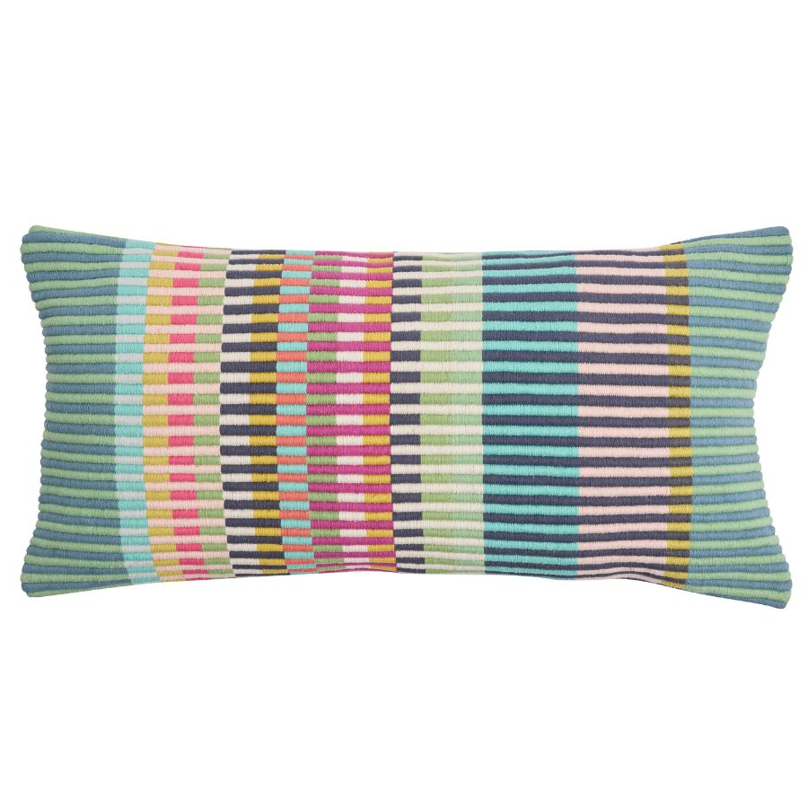 A striped pillow with a geometric pattern