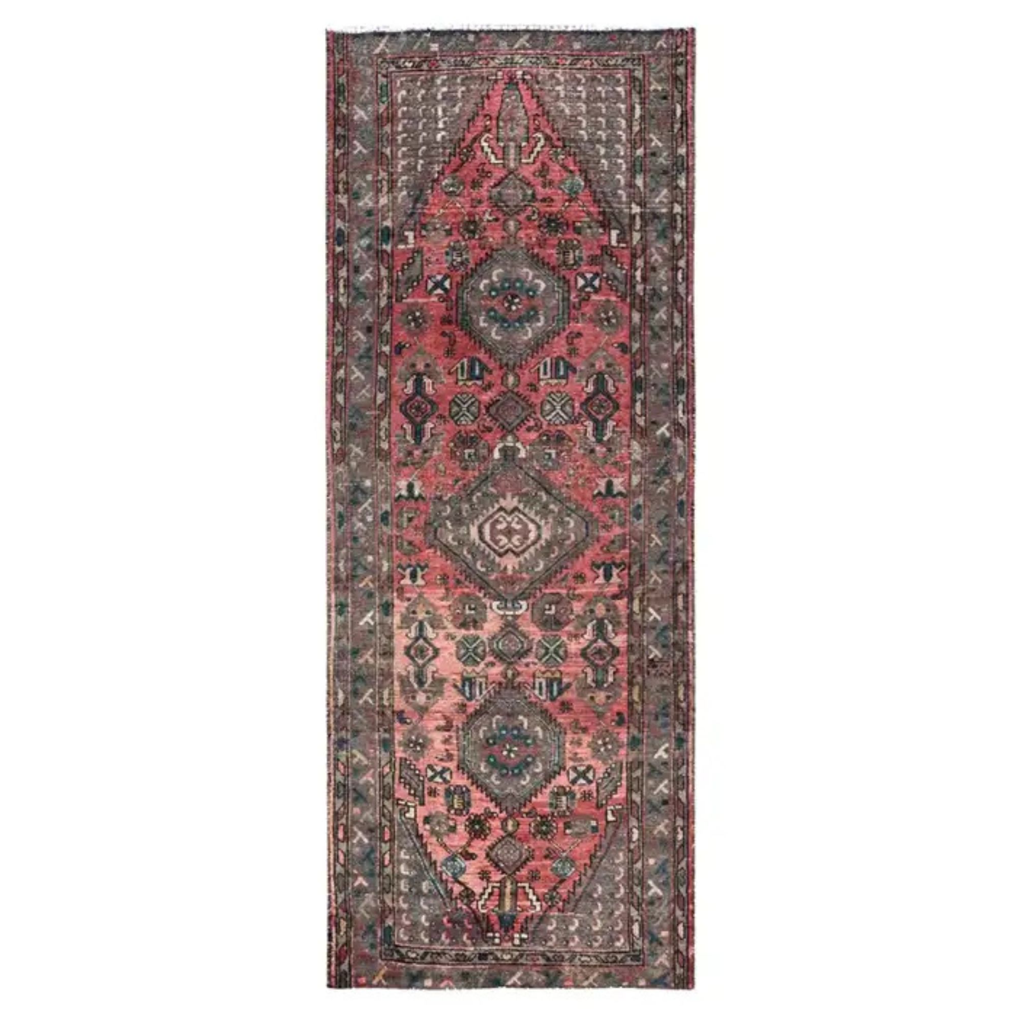 3'7'' x 8'6'' Blush Red Hand-Knotted Pure Wool Persian Shiraz Runner Rug in Vintage Style