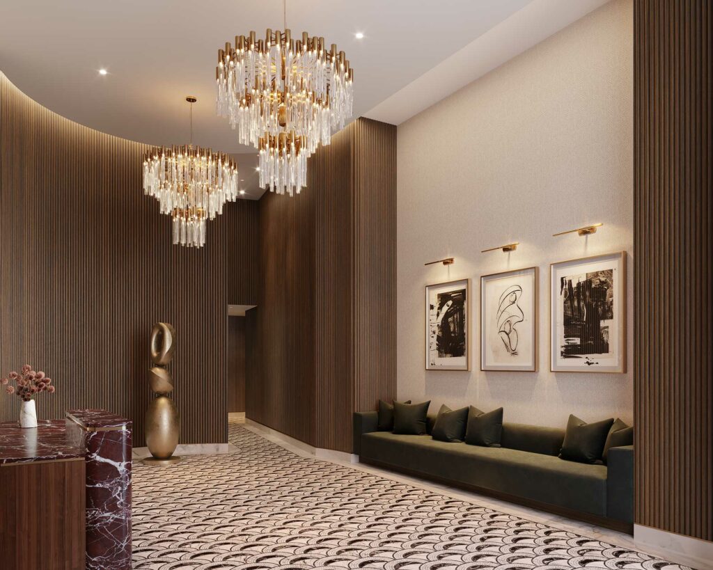 The lobby for the residences at 520 Fifth Avenue. Rendering courtesy of Binyan Studios.