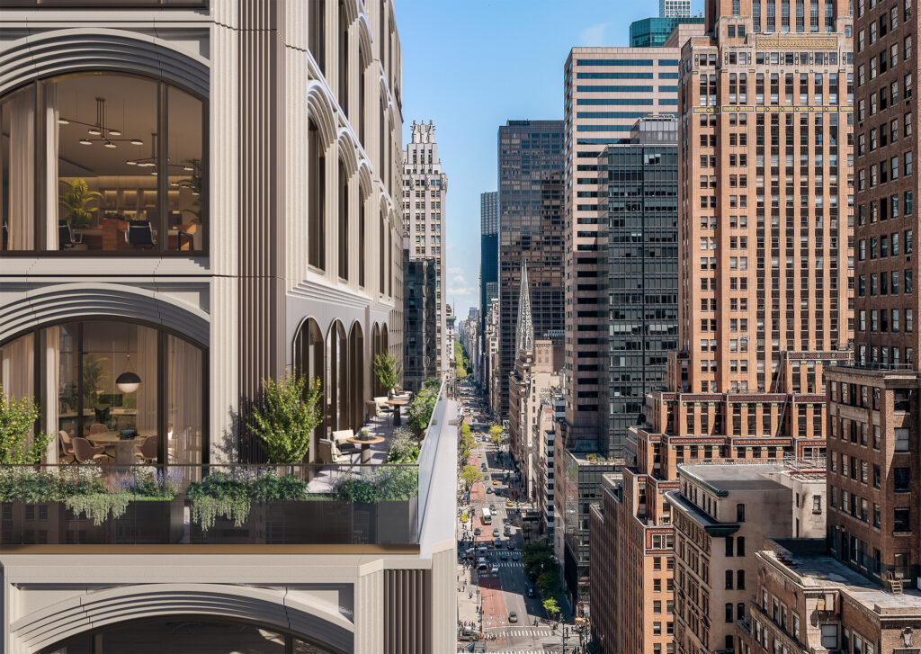 The facade of 520 Fifth Avenue in Midtown, Manhattan is nearing completion