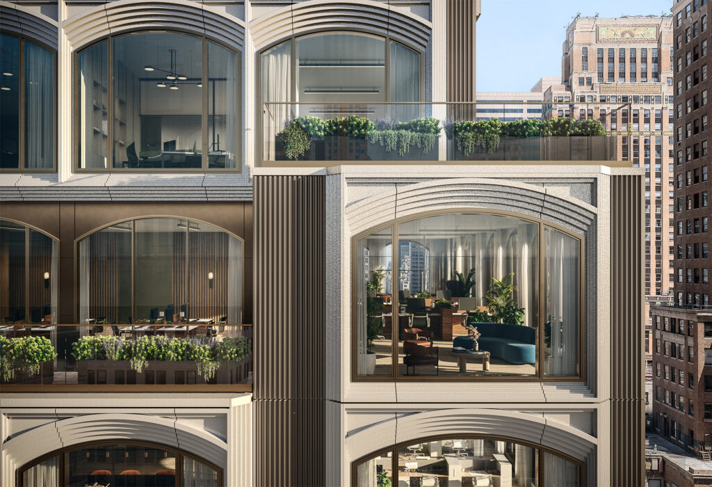 The facade of 520 Fifth Avenue in Midtown, Manhattan is nearing completion
