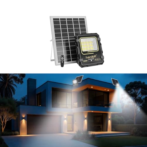 hardoll Solar Floodlight 100W with Remote Control, Cool White LED, 5m Cable, Waterproof IP65 Aluminum Housing, Replaceable 12000mAh Lithium Battery for Home, Garden, Patio, Outdoor (1 Piece)