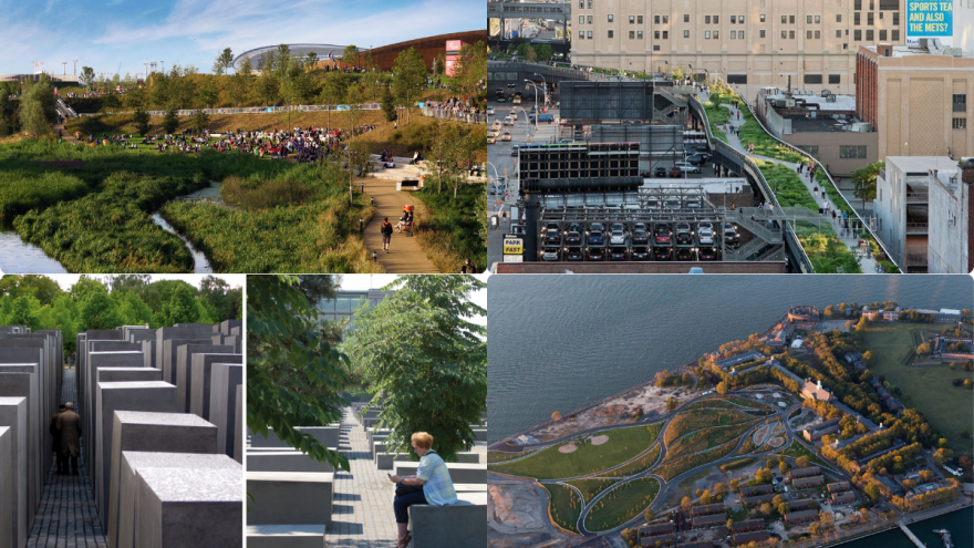 Queen Elizabeth Olympic Park by Hargreaves Jones (top left), The High Line from West 8 (top right), the Berlin Holocaust memorial by Olin Studio (bottom left) and Governors Island from Field Operations (bottom right).