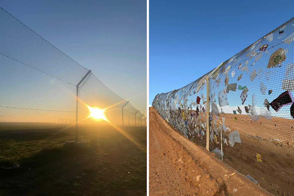 Left: An empty trash net at sunset. Right: A full waste net.