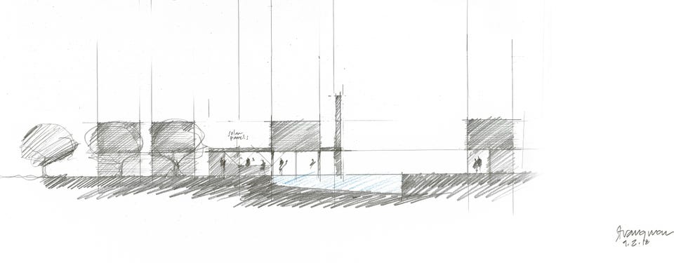 Architectural sketch depicting a building design with trees and solar panels.
