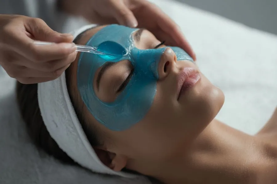 Girl with blue face mask gets facial treatment