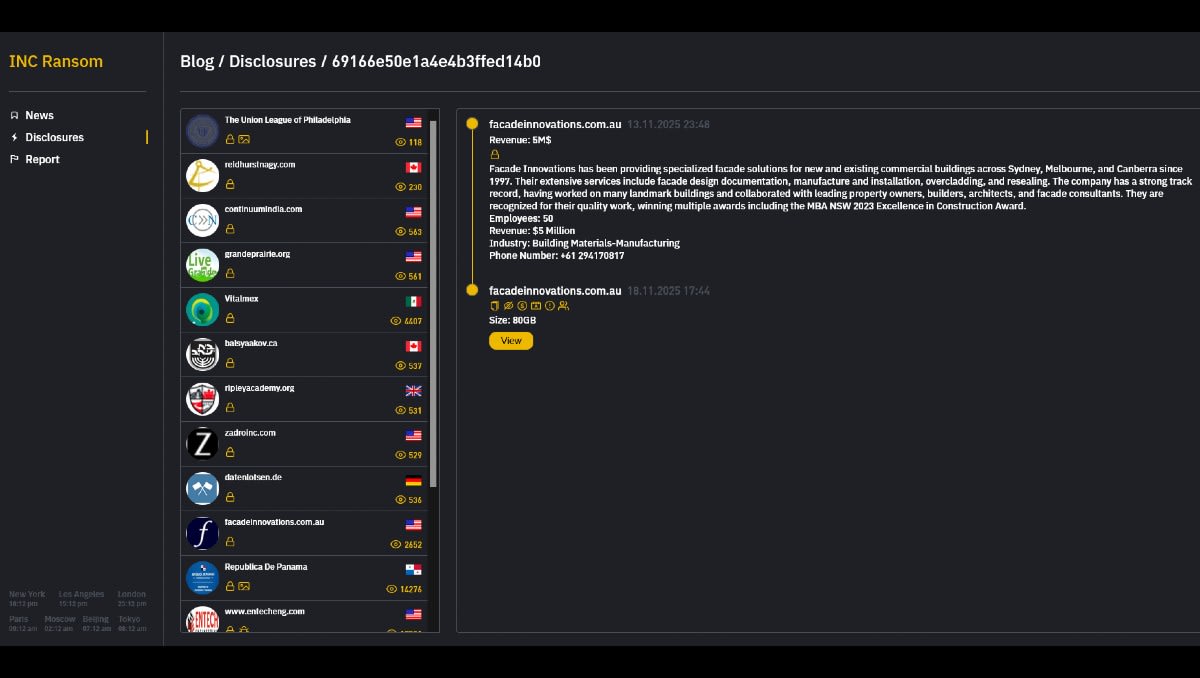 Exclusive: INC demands ransom attack on Australian contractor Facade Innovations