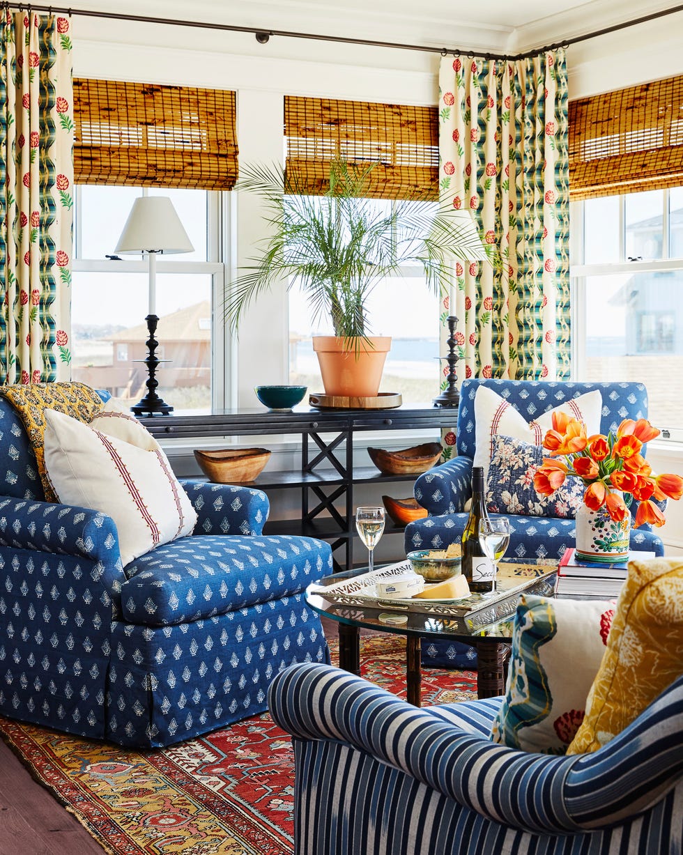 Rosenfeld seating area with indigo block print fabric on upholstered furniture Sitting area with indigo block print fabric on upholstered furniture