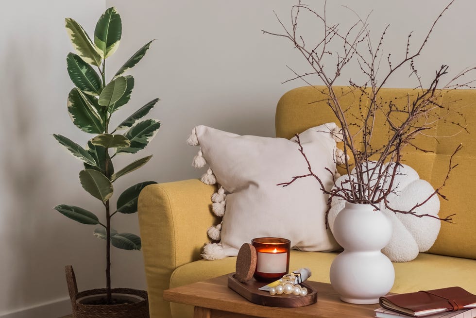 The cozy interior of the living room is a wooden bench with a vase and decor next to the sofa