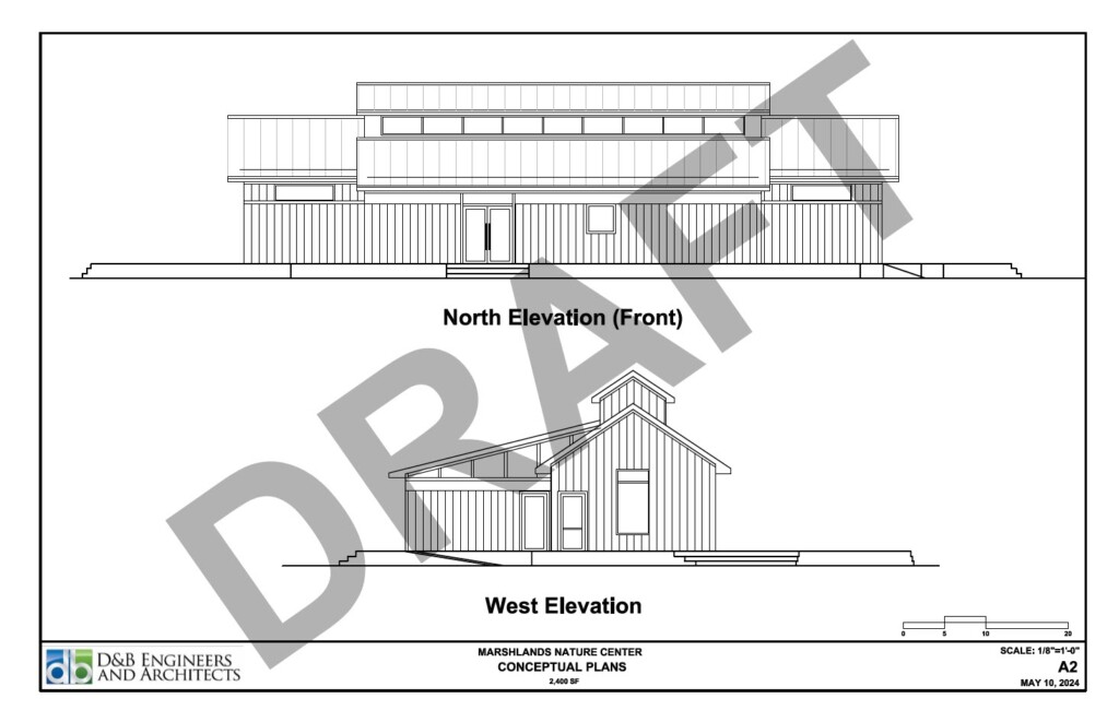 (PHOTO: Concept drawing of a proposed expanded 2,400 square foot nature center for the Marshlands Conservancy dated May 10, 2024. The current center is 900 square feet. Source: D&B Engineers and Architects via Westchester County.)