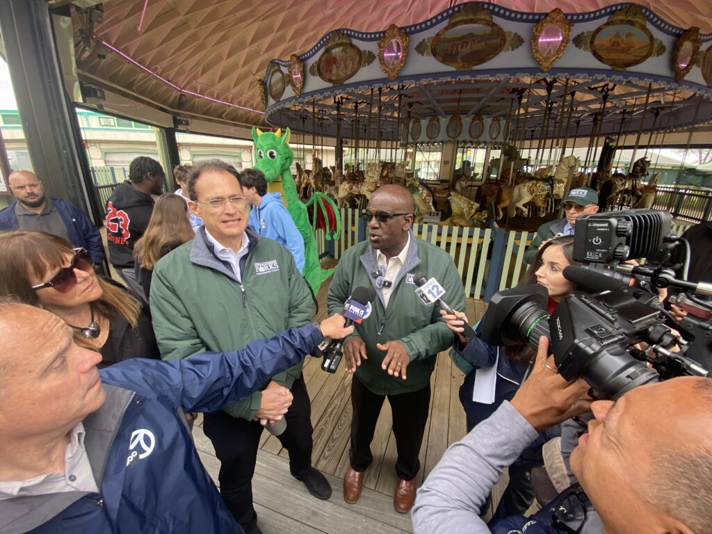(PHOTO: Westchester County Executive Ken Jenkins speaks with local media during a tour of Playland Park on Friday, May 23, 2025.)