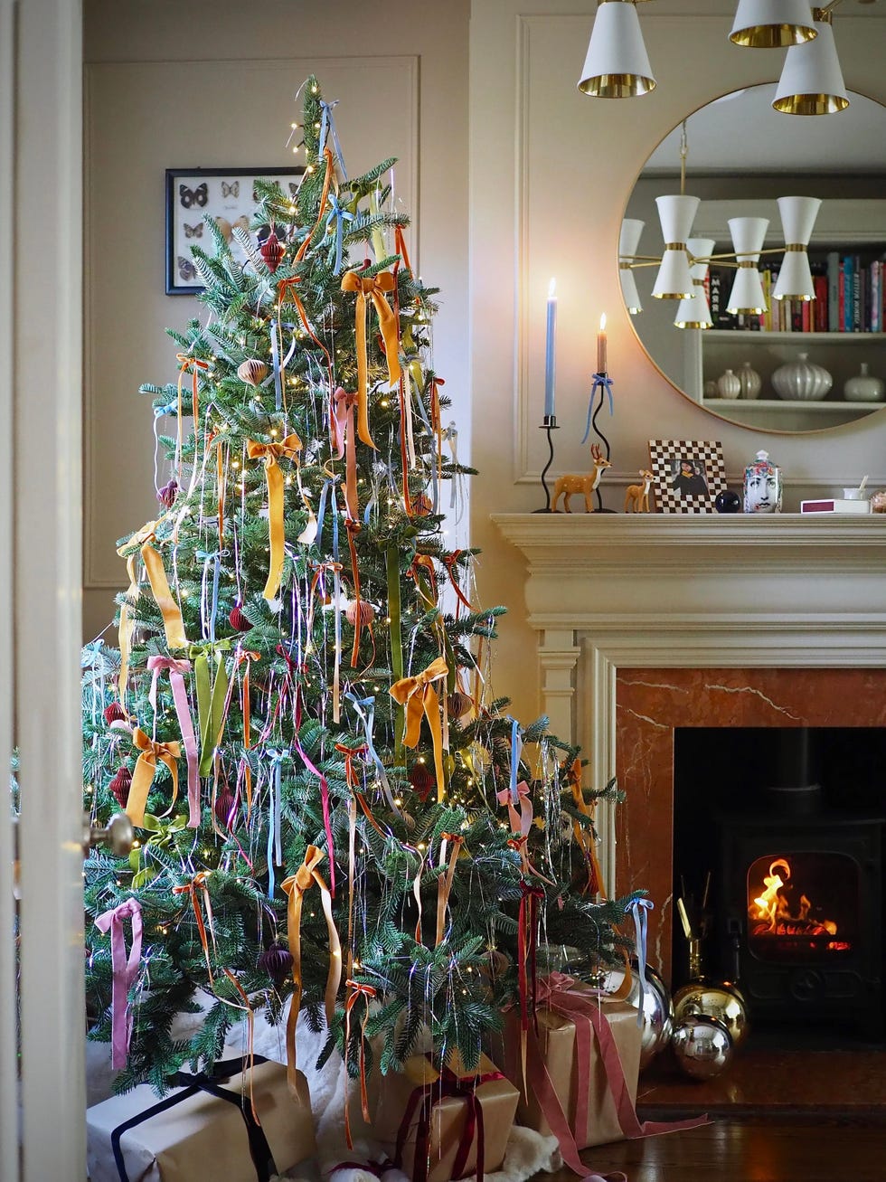 a tree with velvet bows and tinsel.